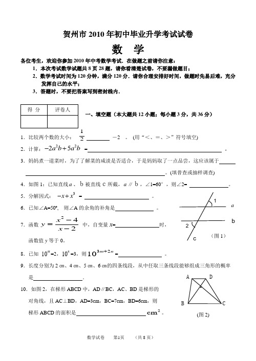 贺州市2010年中考数学试卷