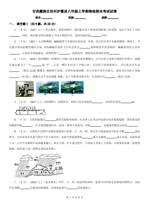 甘孜藏族自治州炉霍县八年级上学期物理期末考试试卷