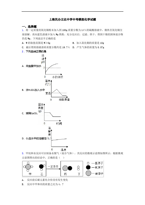 上海民办立达中学中考模拟化学试题