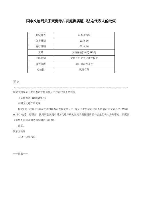 国家文物局关于变更考古发掘资质证书法定代表人的批复-文物保函[2010]593号