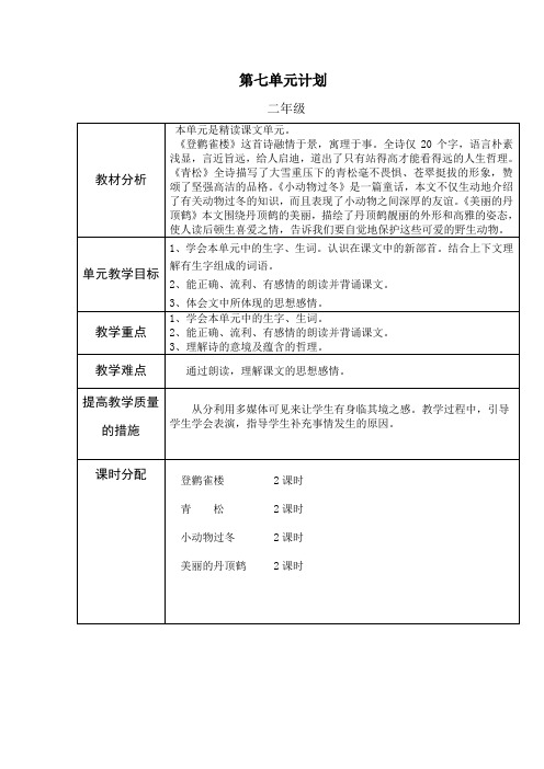 二年级上册语文第七单元教学设计(表格式)