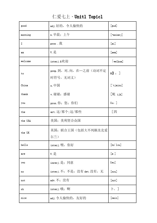 仁爱版七年级上册英语-Unit1：Topic1单词汇总+知识梳理