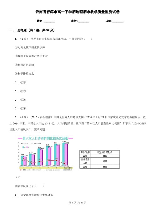 云南省普洱市高一下学期地理期末教学质量监测试卷