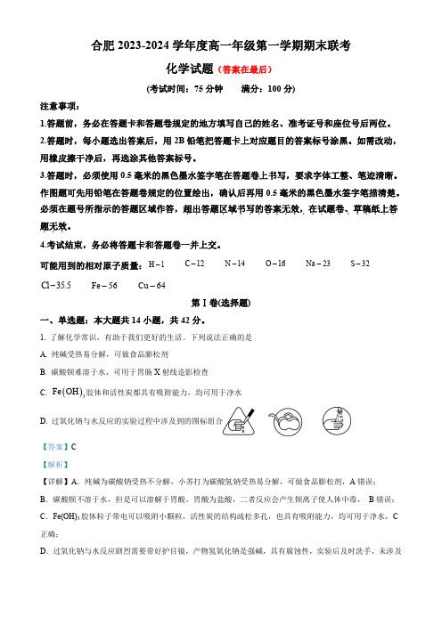 安徽省合肥市2023-2024学年高一上学期期末考试化学试题含答案