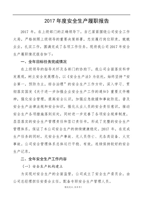 企业负责人安全生产履职报告