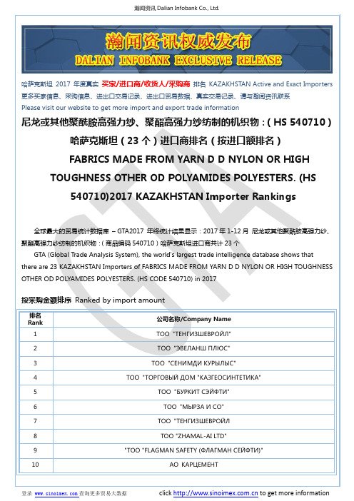 尼龙或其他聚酰胺高强力纱、聚酯高强力…(HS 540710)2017 哈萨克斯