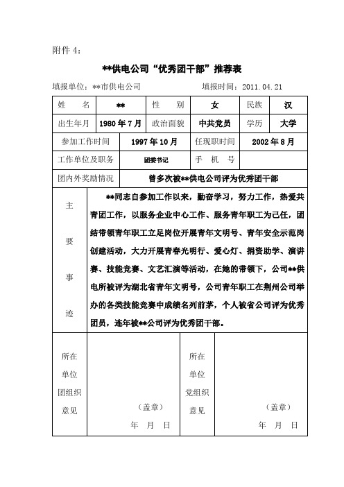 “优秀团干部”推荐表1