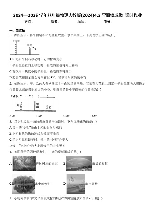 +4.3+平面镜成像++课时作业+--2024—2025学年八年级物理人教版上学期