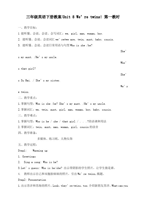 最新江苏译林版英语小学三年级下册Unit 8 We're twinsword优质课教案
