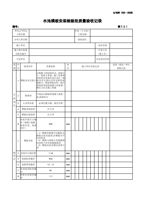 7.2.1 水池模板安装检验批质量验收记录