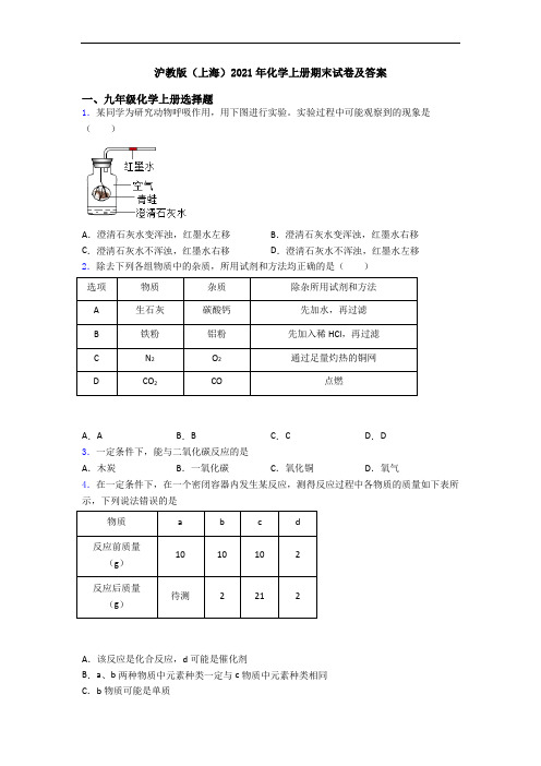 沪教版(上海)2021年化学初三化学上册期末试卷及答案