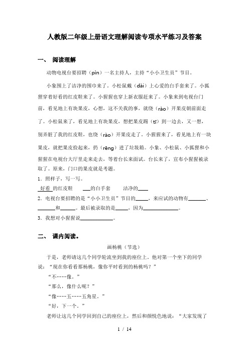 人教版二年级上册语文理解阅读专项水平练习及答案