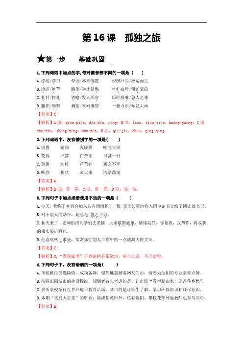 第16课 孤独之旅-九年级语文上册同步精练(部编版)(解析版)