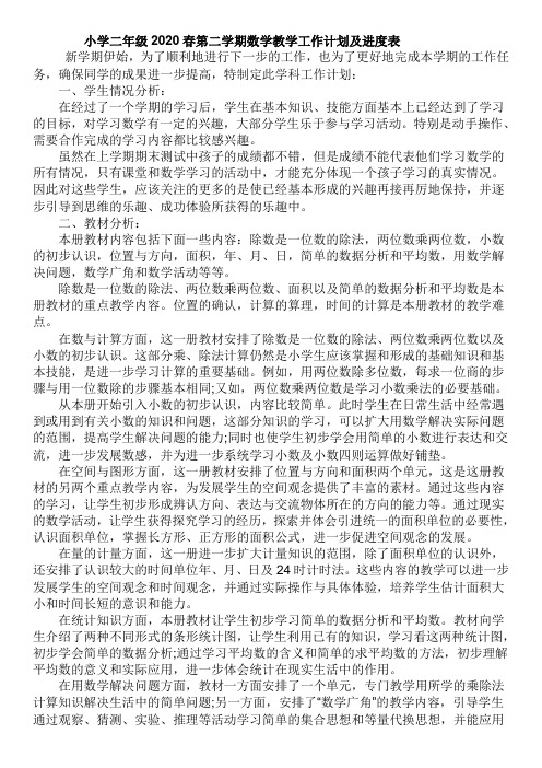 小学二年级2020春第二学期数学教学工作计划及进度表