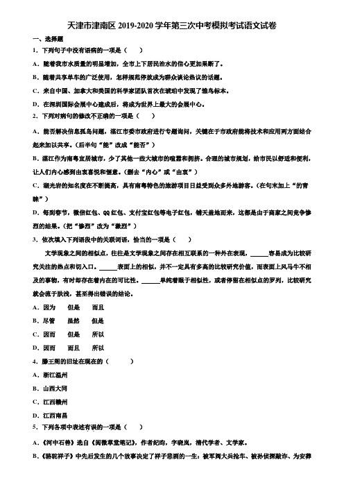 天津市津南区2019-2020学年第三次中考模拟考试语文试卷含解析