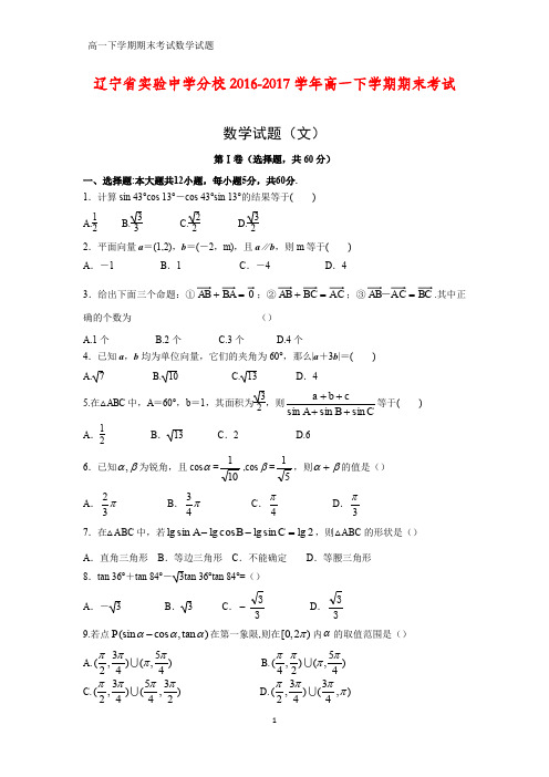 2016-2017学年辽宁省实验中学分校高一下学期期末考试数学试题(文)