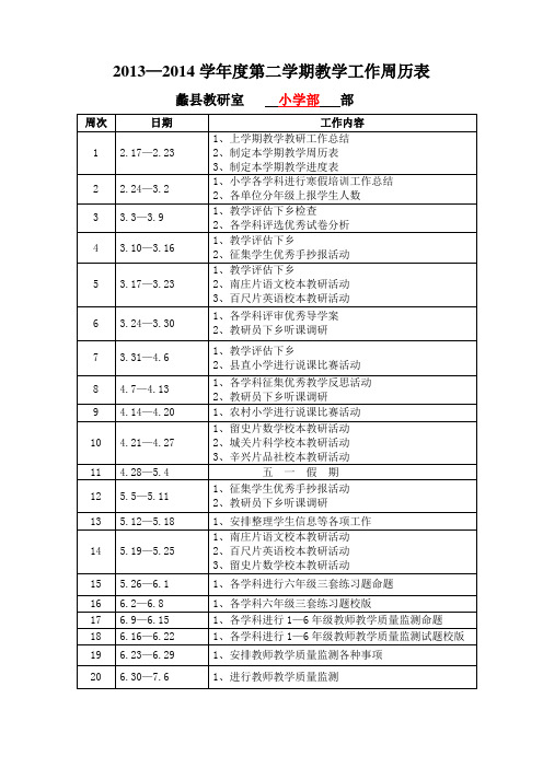 小学部2013-2014第二学期周历表