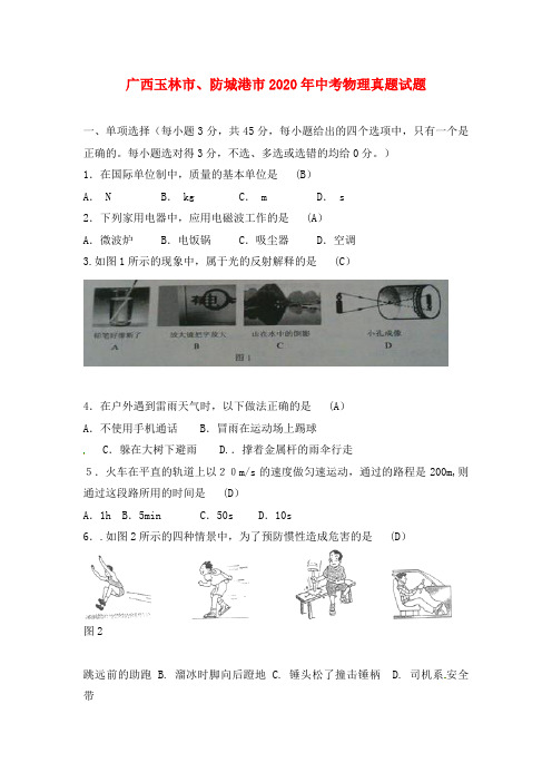 广西玉林市、防城港市2020年中考物理真题试题(含答案)