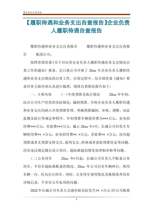 【履职待遇和业务支出自查报告】企业负责人履职待遇自查报告