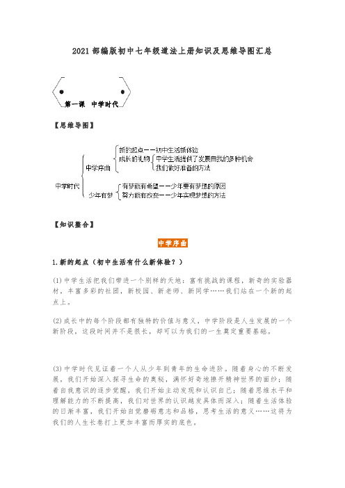 2021部编版初中七年级道法上册知识及思维导图汇总