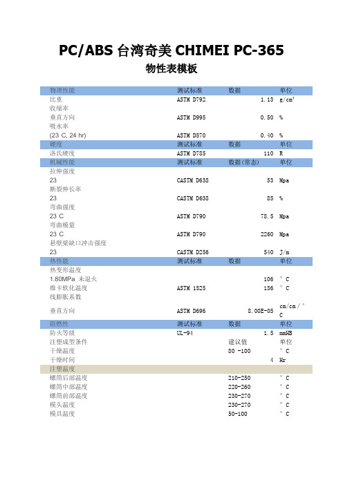 PC ABS台湾奇美CHIMEI PC-365 物性表模板