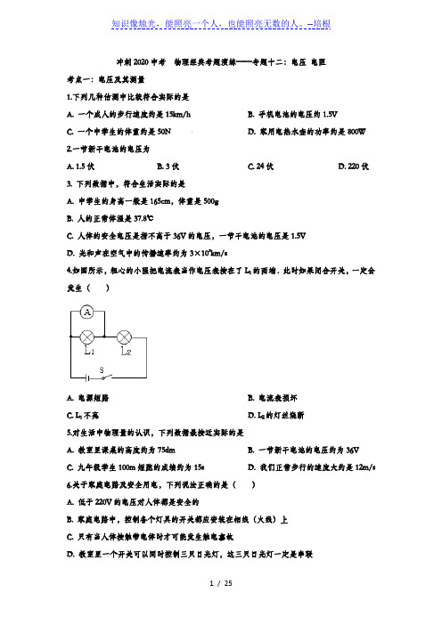 冲刺2020中考  物理经典考题演练——专题十二：电压 电阻