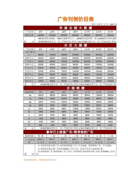 世通华纳及busTV刊例价2012