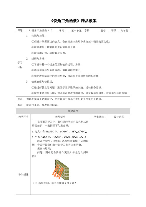 北师大版九年级数学下册《锐角三角函数(第1课时)》精品教案
