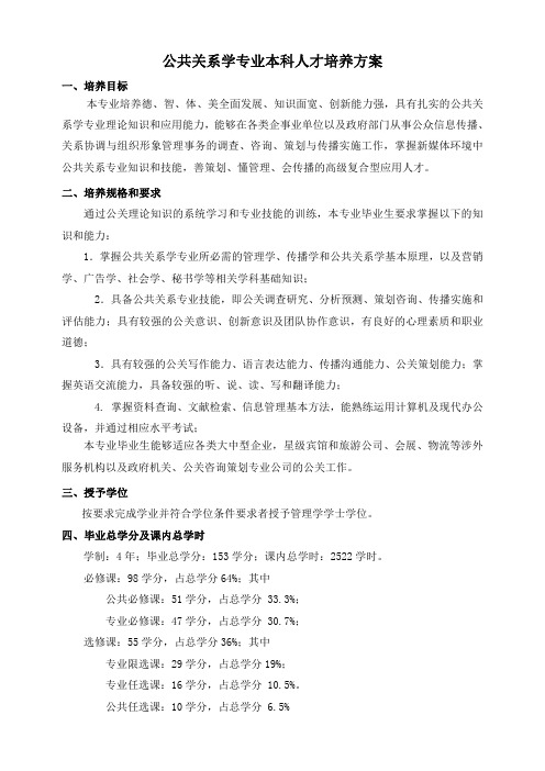公共关系学专业本科人才培养方案
