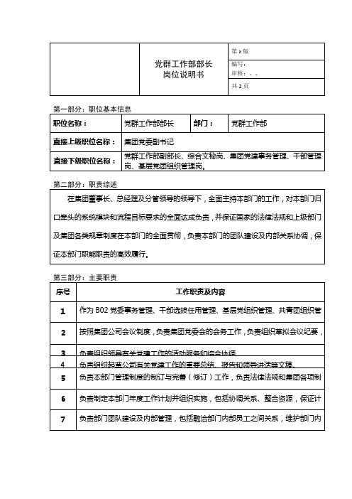 党群工作部部长岗位说明书-党群工作部工作职责