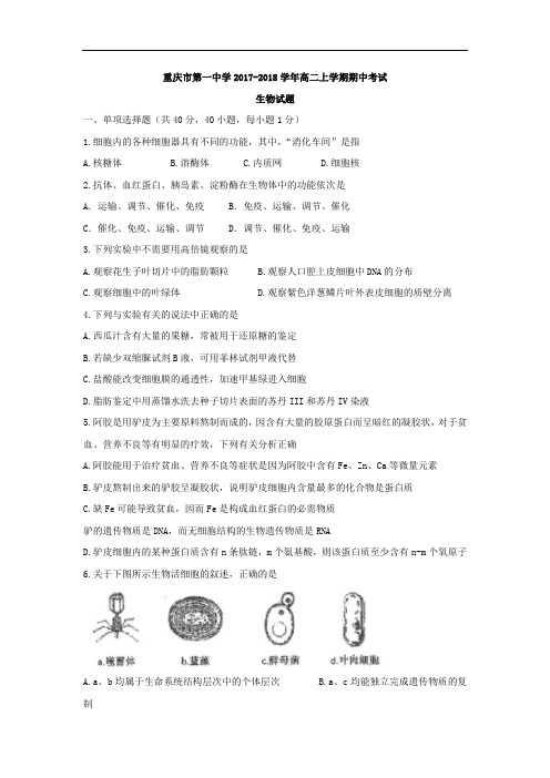 重庆市第一中学2017-2018学年高二上学期期中考试生物试题 Word版含答案