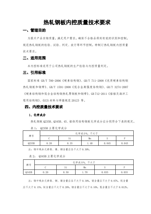 热轧钢板内控质量技术要求