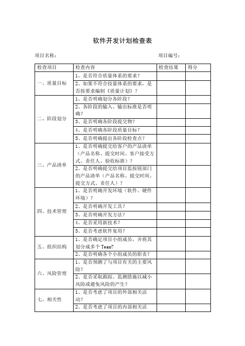 软件开发计划检查表 模板