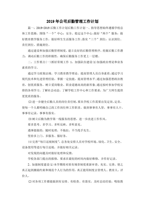 工作计划-2019年公司后勤管理工作计划 精品