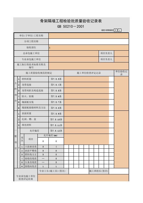 【工程常用表格】架隔墙工程检验批质量验收记录表