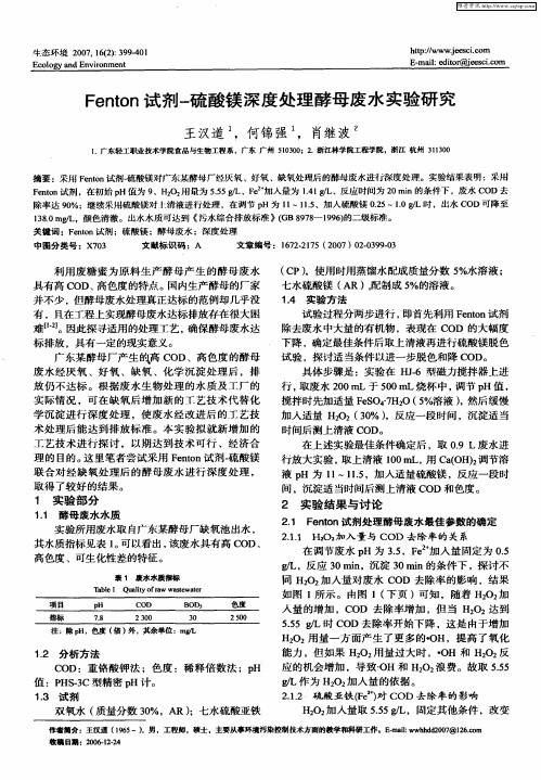 Fenton试剂-硫酸镁深度处理酵母废水实验研究