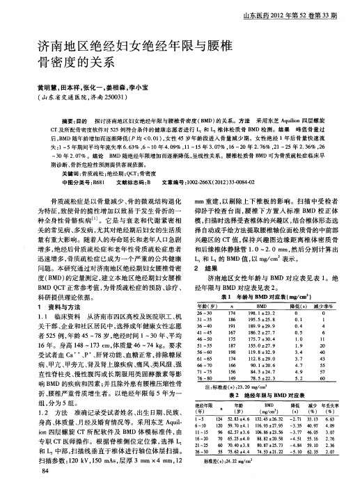 济南地区绝经妇女绝经年限与腰椎骨密度的关系