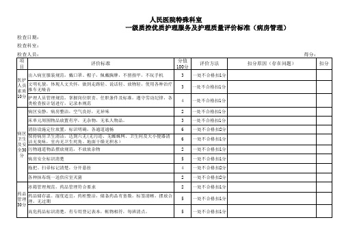 一级质控特殊科室病房管理检查评分标准