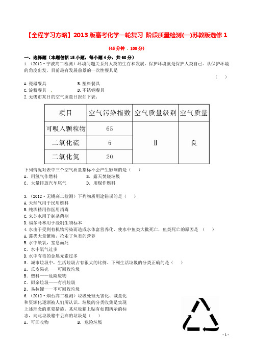 高考化学一轮复习 阶段质量检测(一)苏教版选修1