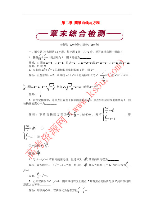 2018-2019学年高中数学 第二章 圆锥曲线与方程章末综合检测 苏教版选修1-1