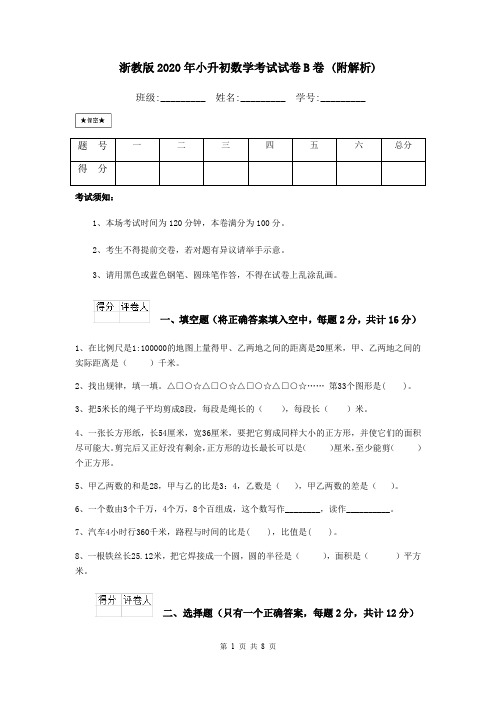 浙教版2020年小升初数学考试试卷B卷 (附解析)