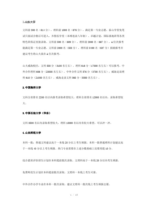 2016山东高考各分数段适合报的学校