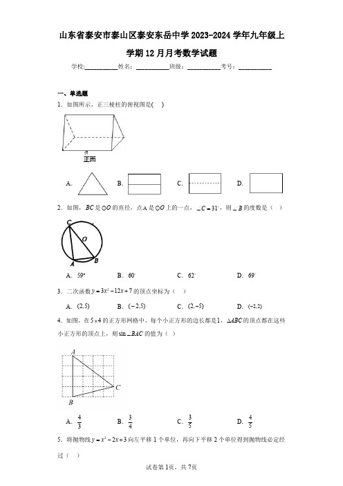 山东省泰安市泰山区泰安东岳中学2023-2024学年九年级上学期12月月考数学试题