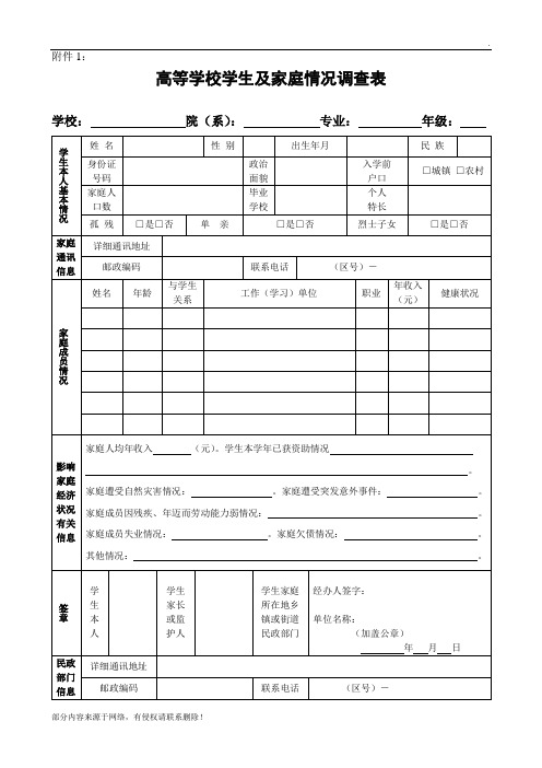申请国家助学金家庭情况调查表