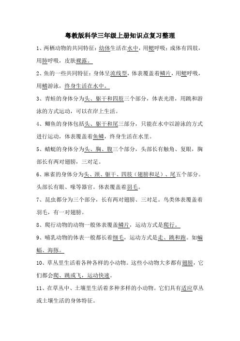 最新粤教科技版科学三年级上册知识点汇总 复习整理 