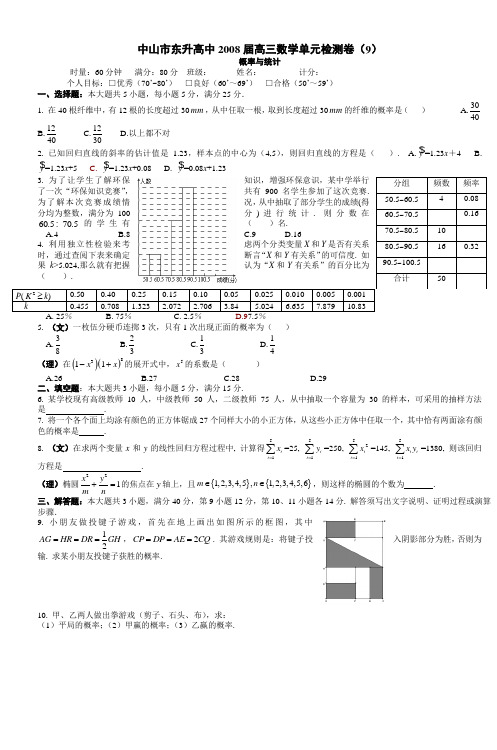 中山市东升高中2008届高三数学单元检测卷(9