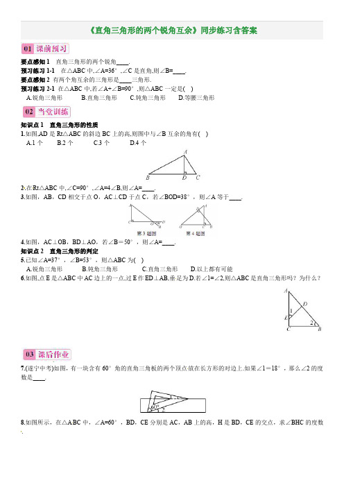 《直角三角形的两个锐角互余》同步练习含答案