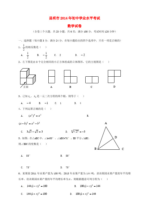 云南省昆明市2014年中考数学真题试题(含扫描答案)