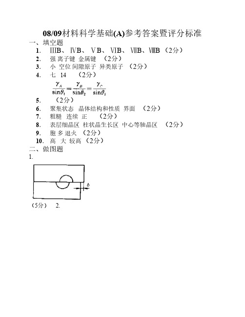 0809材料科学基础A参考答案暨评分标准