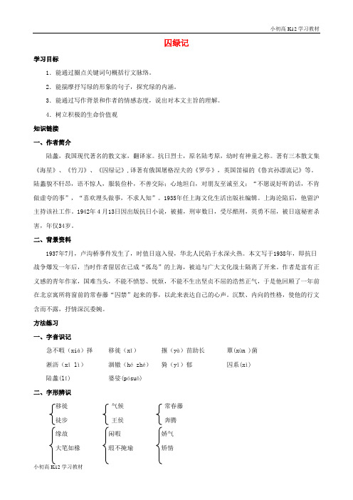 精品推荐高中语文 第三课 囚绿记学案 新人教版必修2